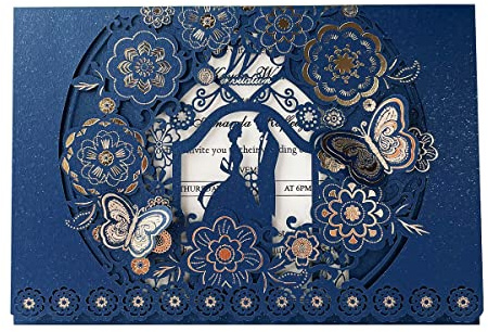 Kuchynee - 20 biglietti di invito per matrimonio, blu navy, con farfalle tagliata a laser, sposa e sposo, buste incluse