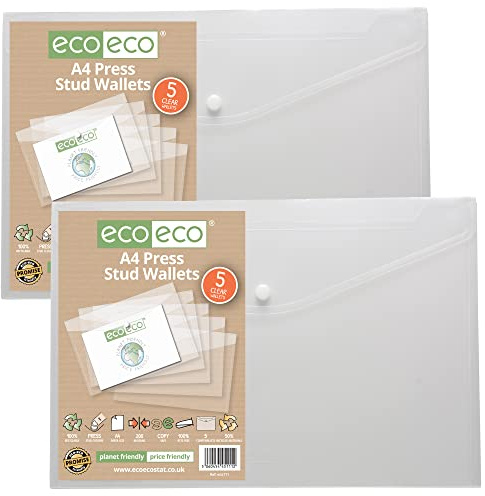 eco-eco A4 50% recycelte transparente Druckknopf-Dokumententasche aus Kunststoff, 310 x 238 mm (10 Stück), 200 mic, eco111 x 2