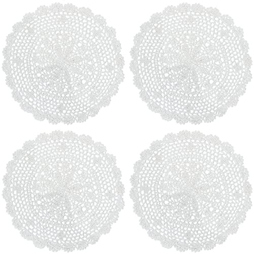 PHANTOMON Crochet Doilies Handmade Round Cotton Lace Table Placemats Knitted Tablecloth, Star Pattern Rippled Edge, Pack of 4 (12 Inch, White)