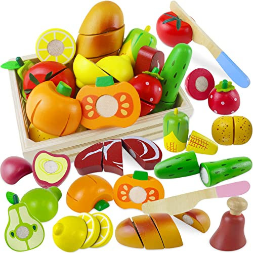 Beberolen Kinderküche Spielküche Zubehör aus Holz, Holzspielzeug Küchenspielzeug Schneiden Obst Gemüse Lebensmittel Holz mit Klett-Verbindung für Kinder, Lernspielzeug Rollenspiele Geschenk