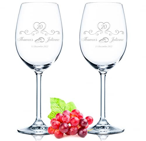 GRAVURZEILE Leonardo Verre à Vin avec Gravure - Design de Mariage en Porcelaine - Personnalisé avec Nom et Date - Cadeau pour Anniversaire de Mariage 20 Ans - Couleur Daily