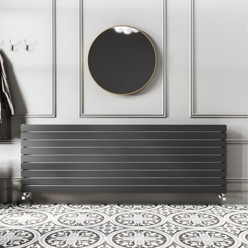 Go Bathrooms Pinta 610 x 1800mm Horizontal Radiator Anthracite Flat Panel Single Column Wall Mounted Designer Anthracite Grey Radiator Central Heating Includes Brackets