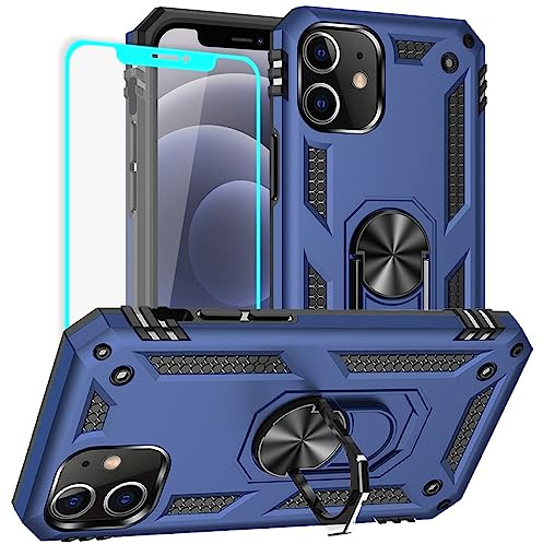 Yiakeng iPhone 12/12 Pro fodral med skärmskydd och stativ, militärklassat skyddsfodral, blå