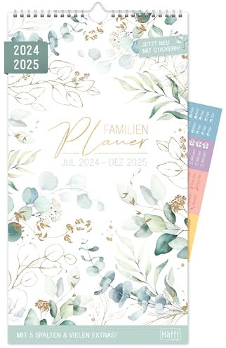 Häfft Familienplaner 2023/2024 [Blattgold] mit 5 Spalten 23 x 42 cm Wandkalender für 18 Monate Jul - Dez 24 Familienkalender Wandplaner: Ferientermine & Zusatzinfos klimaneutral nachhaltig, Klein