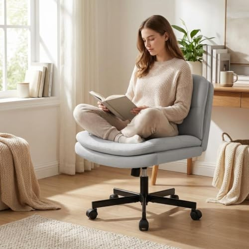 Waleaf Bürostuhl ohne Armlehnen, Schneidersitz-Stuhl mit breiter Sitzfläche | Schminktisch Stuhl mit Rollen, Ergonomischer Schreibtischstuhl Höhenverstellbar Drehstuhl für Home Office, Grau