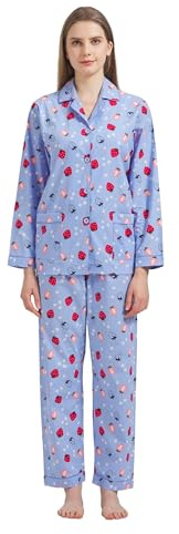 GLOBAL Damen Pyjamaset Baumwolle Schlafanzug Damen Lang Damen Zweiteiliger Nachtwäsche Komfortabel,Blau,Erdbeere,M