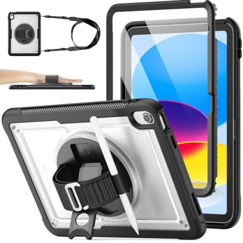 SEYMAC stock Case for iPad (A16) 11th/10th Generation 11''/10.9'' 2025/2022 | Frosting-Anti-Slip Shockproof, with Screen Protector, 360° Rotating Hand Strap/Stand, Pen Holder, Shoulder Strap, Clear/Black