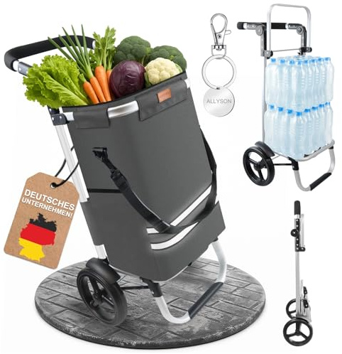 Allyson® Einkaufstrolley klappbar Wasserabweisende Tasche (Grau, 56L) | Ergonomischer Griff, geräuscharme Räder, abnehmbare Tasche, Aluminiumrahmen, Reflektorstreifen, Wagenlöser