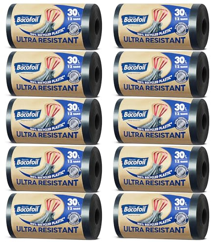 Bacofoil Ultra Resistant Bin Liners with Drawstring Handles 30L - Leak-Proof and Tear Resistant Bin Bag with Ultra Protection Technology (10 Rolls, 120 Bags)…