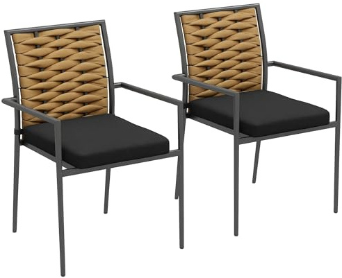 Outsunny 2er-Set Rattan Gartenstuhl 57 x 58 x 87 cm Braun+Schwarz+Grau | Gartensessel Set mit Kissen, Stapelbarer Gartenstuhl, Balkonstuhl für Terrasse, Stahl