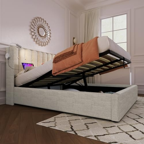 Polsterbett Doppelbett Leselicht mit Ladefunktion Kopfteil Stauraum Bettgestell Leinenmaterial Jugendbett 160x200 mit lattenrost