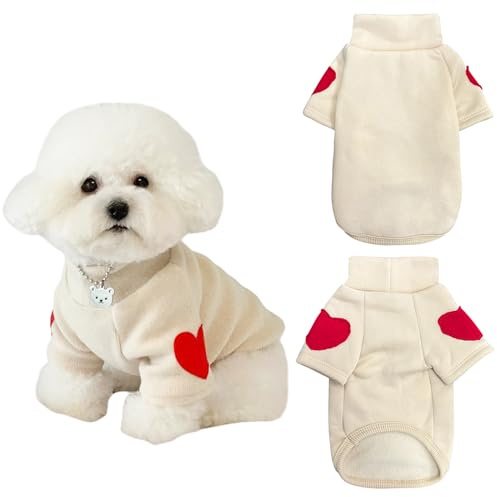 Winmany Pullover für kleine und mittelgroße Hunde, Herzaufnäher, Rollkragen-Sweatshirt, für Katzen, Welpen, Frühling, Herbst, Winter, Beige, Größe L