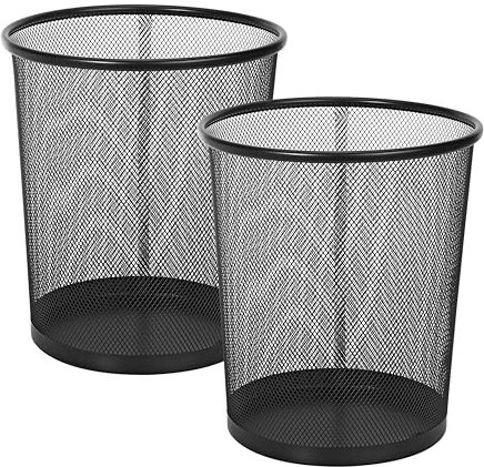 Vinsani Round Mesh Trash Can | 2 Pack | Minimalist Stylish Modern Metal Waste Basket Rubbish Trash Garbage Bin for Office Dorm Bedroom Kitchen Living Room Bathroom - 26.5cm x 23.5cm - Black