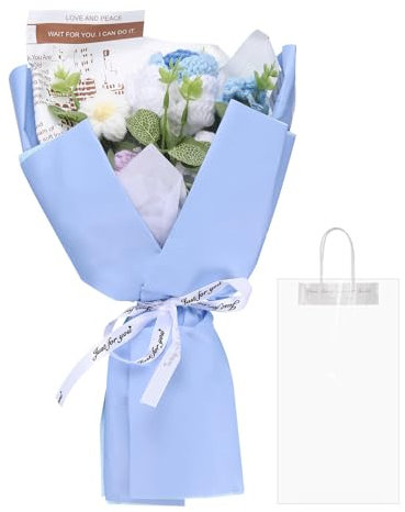 QUARKZMAN Mazzo Fiori Uncinetto, Bouquet Rose Realizzate a Mano, Fiori Artificiali Uncinetto per Festa Mamma Compleanno, Bouquet Laurea, Blu a Gradiente