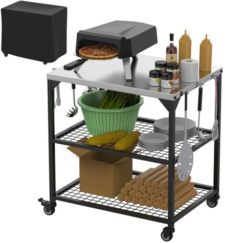 Grillwagen für den Außenbereich, 31 x 24 x 35 cm, Pizzaofen-Tisch für Ooni Blackstone Ninja Woodfire Flat-Top-Grills, Edelstahl-Trolley, 3 Fächer, beweglicher Standtisch für Lebensmittelzubereitung