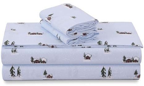 Tribeca Living Portuguese Cotton Flannel Sheets Queen Size - 170-GSM Deep Pocket Bed Sheet Set for Mattresses up to 21 Inches - 4 Piece Ultra-Soft Printed Bedding in Elsa Snowflakes