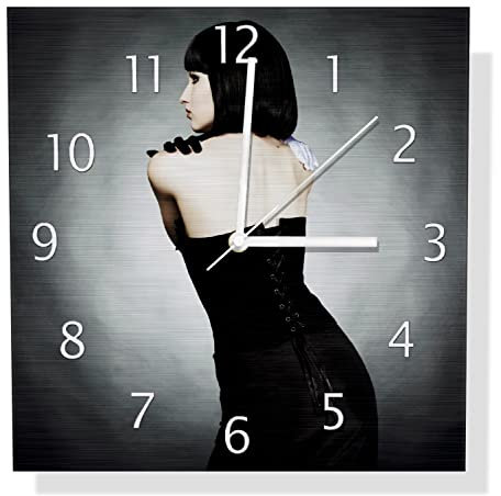 Wallario Design Wanduhr Schöne Frau im schwarzen Kleid zeigt ihren Rücken aus Aluverbund, Alu-Uhr Größe 30 x 30 cm, weiße Zeiger mit Metalloptik