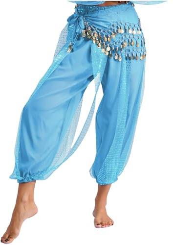 MSemis Damen Lang Bauchtanz Hose Glänzendes Haremshose und Geschnürtes Hüfttuch Tribal Arabisch Tanzhose Party Fest Kostüm
