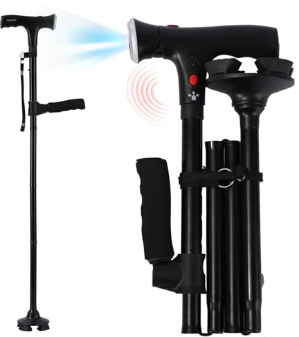 Ready Walker Cane, Cane for Men & Women, 3-in-1 Folding Cane with Alarm and Light, Adjustable, Free Standing, Collapsible Walking Stick for Seniors Balance with a Second Handle, for 5'8 - 6'3