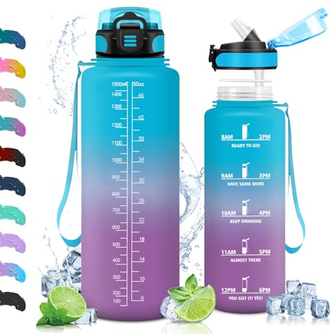 Vikaster Fitness Trinkflasche, Trinkflasche mit Strohhalm 1.5 Litre, Wasserflasche BPA-Free, Leak-Proof, Sportflasche für Camping, Yoga, Gym, Outdoors