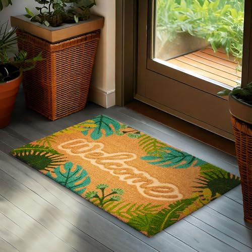BRUBAKER Paillasson pour Extérieur et Intérieur - Design de Feuilles - 45x75 cm Tapis 100% Coco avec Feuilles Vertes - Paillasson Imperméable et Antidérapant pour Porte de Maison et Terrasse - Coloré