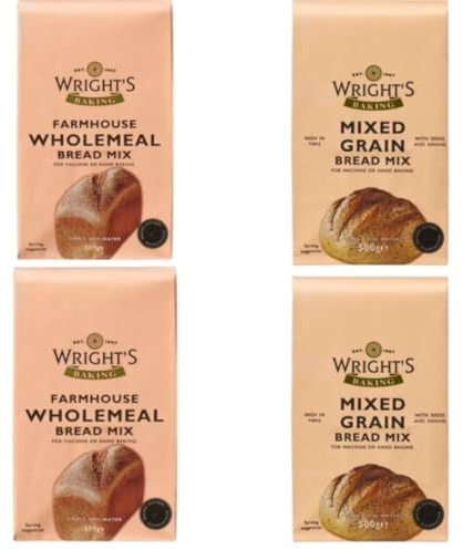 Wright's Baking Bread Mix Selection Pack 4X500g – 02 Mixed Grain, 02 Farmhouse Wholemeal – High Fibre Yeasted Bread Mix – Bread Machine & Hand Baking – Vegetarian Friendly (NP)
