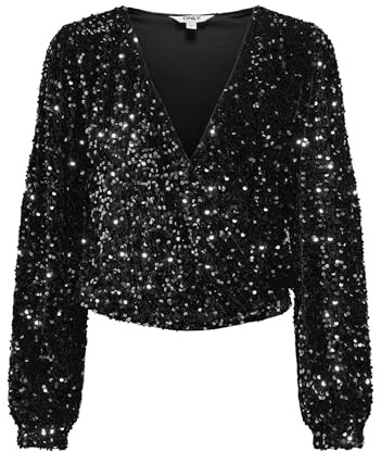 ONLY Onlanika Sequin LS Faux WVN CS Haut Wrap Top, Noir, L