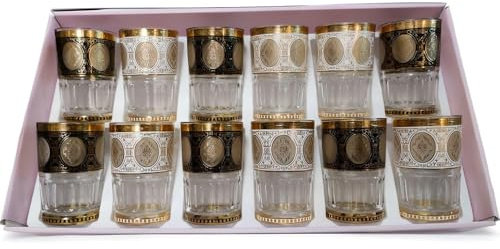 Générique 12 Verres à Thé, verre a thé Marocains, Motif Floral Coloré, Bordure Dorée, Lot de 12