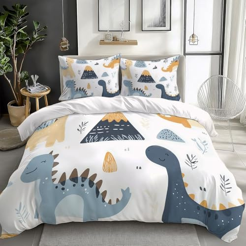 XCQHZYQ Funda Nordica Infantil para Cama 90 Dinosaurio De Dibujos Animados Abstracto Poliéster Algodón Suave Juego de Funda Edredónes 150x200 cm y Funda de Almohada 50x75 cm, Juego de Ropa de Cama