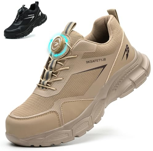 JAOOUU Sicherheitsschuhe Herren Arbeitsschuhe Damen Leicht Atmungsaktiv mit Schnellverschluss Drehverschluss Stahlkappenschuhe S3 Explorer 3.0 Unisex Industrie Schuhe Khaki 43EU