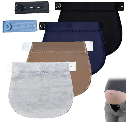 FDJZXW 4 Stück Hosenbunderweiterung, Schwanger Hosenerweiterung Schwangerschaft, Hosenknopf Verlängerung, Schwangere Frauen Knopfverlängerung Elastisch Hosen Extender (Schwarz, Blau, Khaki, Hellgrau)