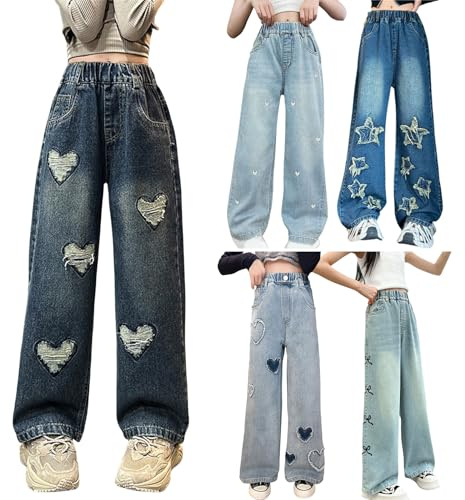 Baggy Jeans Mädchen Weites Bein Jeanshose Elastic Waist High Waist Wide Leg Freizeithose Pants Girls Hosen für Kinder Loose Streetwear Y2K Schlaghose Hohe Taille Cargo Hose Frühling Sommer