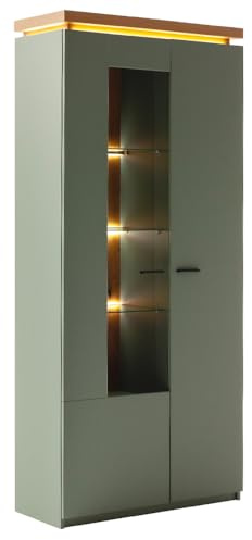 Lomadox Esszimmer-Vitrinenschrank mit 88cm Breite in Grün mit Eiche, 2 Türen, Glaseinsatz, LED-Akzent- & Innenraumbeleuchtung -