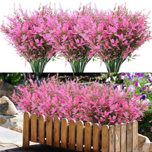 BINYI Künstliche Pflanzen Blumen Kunstblumen Im Topf Wie Echt UV Beständig 10 Bündel Fake Flowers Künstliche Balkonpflanzen Sträucher Deko Kunstblume Lavendel für Tisch Haus Garten Dekoration (Rosa)