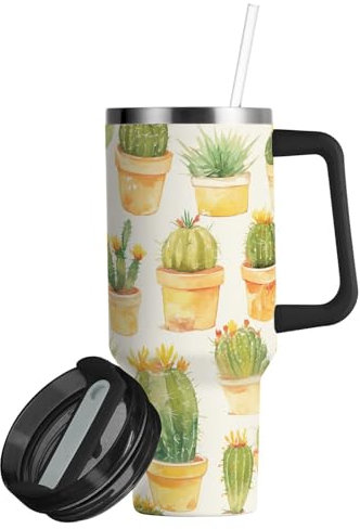 linqin Green Potted Kaktus, vakuumisolierter Becher mit Strohhalm-Deckel, 850 ml, tragbare breite Öffnung, Kaffeebecher für Wandern, Sport, Camping
