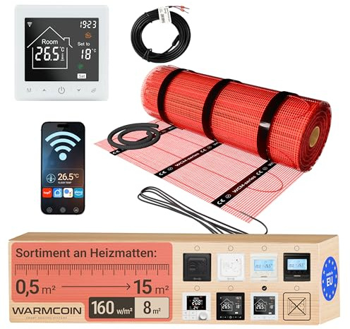 Elektrische Fußbodenheizung Set 8 m²: WLAN-Thermostat, Elektro-Heizmatte | Touchscreen, smarte App & WiFi, Bodenfühler; Flächenheizung 160 W/m², selbstklebend; für Marmor & Granit