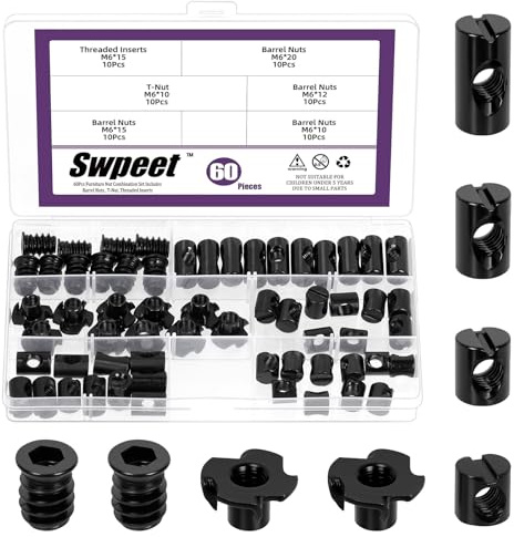 Swpeet Kors Dowels slitsmutter 60pcs M6 × 10/12/15/20 Zinkpläterade tunnmuttrar med gängade insatser och T-muttrar sortimentsats, Cross Dowels slottade muttrar, 4-spikiga Tee muttrar, möbelmuttrar