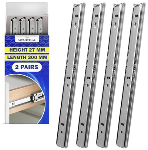 2 Pares Guias Correderas para Cajones con Rodamiento de Bolas 300 mm x H 27 mm - Rieles para Cajones Telescópicas Tienen una Extensión Parcial de 212 mm - Garantía de 10 Años - MONTERAL