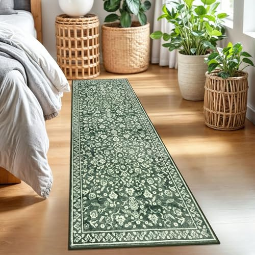 SILOLOOM Läufer-Teppich im Vintage-Stil, 5 x 17,8 cm, Waldgrün, waschbar, Läufer für Flur, superweich, Küchenläufer, rutschfest, Bedruckt, Kunstwolle, Blumenmuster, dünner Teppichläufer für
