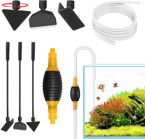 Multifunctional Fish Tank Cleaner & Gravel Cleaner Kit – Aquarium Siphon Vacuum Pump with 1m Hose, Air Bulb & 2 Lock Caps, Fish Tank Cleaning Kit for Water Change, Gravel Washer & Debris Remover