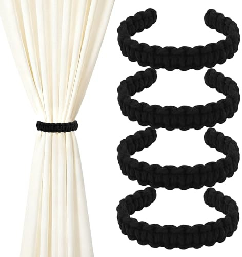 TAIVIN 4 Stück Boho Vorhang Raffhalter,vorhanghalter Handgestrickte Geflochtene,Raffhalter Boho Vorhanghalter,Geeignet für Schlafzimmer, Wohnzimmer und Büros (Schwarz)