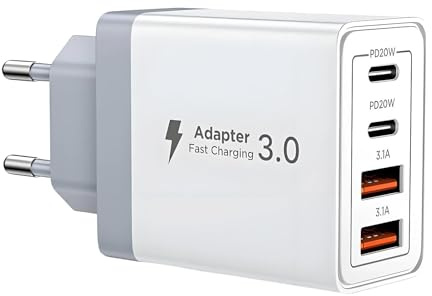Cargador USB C, 40W 4 Puertos USB C Enchufe Cargador para iPhone 17 16 15 14 13 12 11 Pro MAX XR XS iPad Galaxy, Tipo C Carga Rapida PD 20W & QC3.1A Multiple Adaptador Movil Carga Rapida