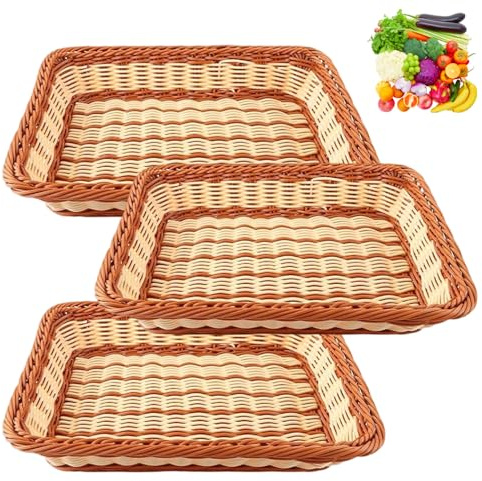 3 Piezas Cestas de Mimbre de Plástico, Cesta Mimbres 35 * 25 * 7 cm, Cesta de Mimbre para Setas, Cestas de Mimbres para Regalos, para el Hogar, Cocina, Restaurante, Tienda (Dos Tonos)