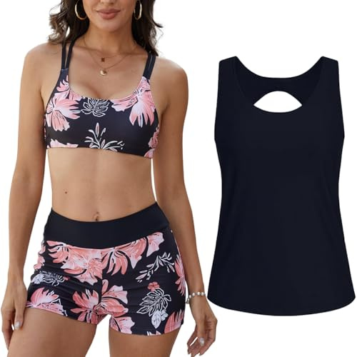 Yutdeng 3-delad tankini dam mage way badmode push up tredelad baddräkt dam linne t-shirt cutout bikini topp cross back badshorts hög midja tankini set baddräkt badkläder, ROSA, XXL