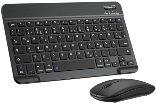 PINKCAT Bluetooth Tastatur Maus Set QWERTZ Layout Kompakt für Laptop/Ipad | Mini Slim Wiederaufladbare Tastatur mit integriertem Akku, Bluetooth Maus (Battery) für iPad, iOS, Mac, Windows und Android