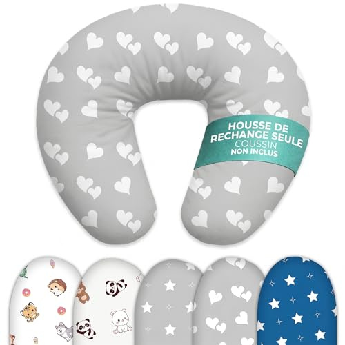 Flowen Housse Coussin d'allaitement Gris Cœurs Blancs | Housse Amovible Coussin Bébé 0-12 Mois | 100% Coton Oeko-TEX Standard 100 | Fermeture Éclair | Hypoallergénique | Lavable