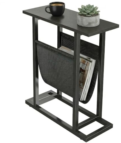 HOMCOM Beistelltisch Nachttisch mit Stofftasche 49x19x55 cm Schwarz | Schmaler, Couchtisch mit Stahlrahmen, Wohnzimmertisch, Sofatisch, für Wohnzimmer Schlafzimmer