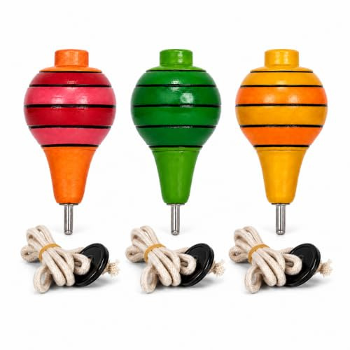 Holzkreisel für Kinder | Traditioneller Lattu/Buguri/Bambaram | Kreisel mit Metallspitze | Handgefertigtes Holzspielzeug | Für drinnen und draußen (Multicolor Classic)