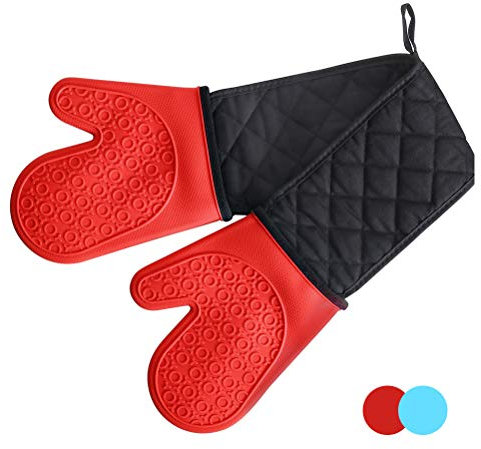 Alimat PluS Double Oven Gloves Mitts - Heat Resistant Silicone Oven Gloves Non-Slip with Cotton Lining for Kitchen, Baking, Cooking, Microwave (Red)