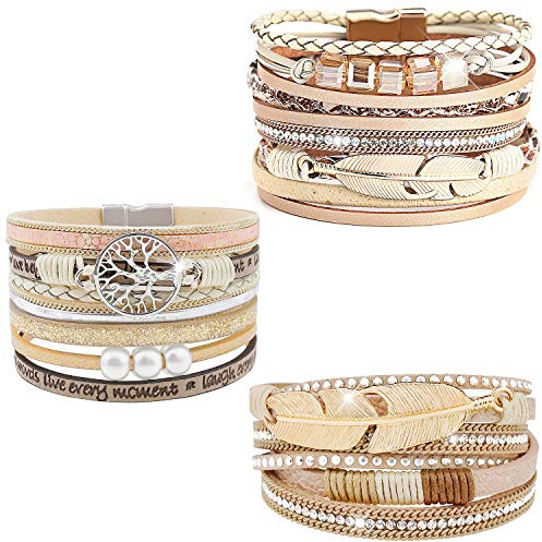 Wovanoo 3Pack Leather Cuff Bracelet Set Multilayer Wrap Feather Magnetic Clasp Bracelet for Women 3pack